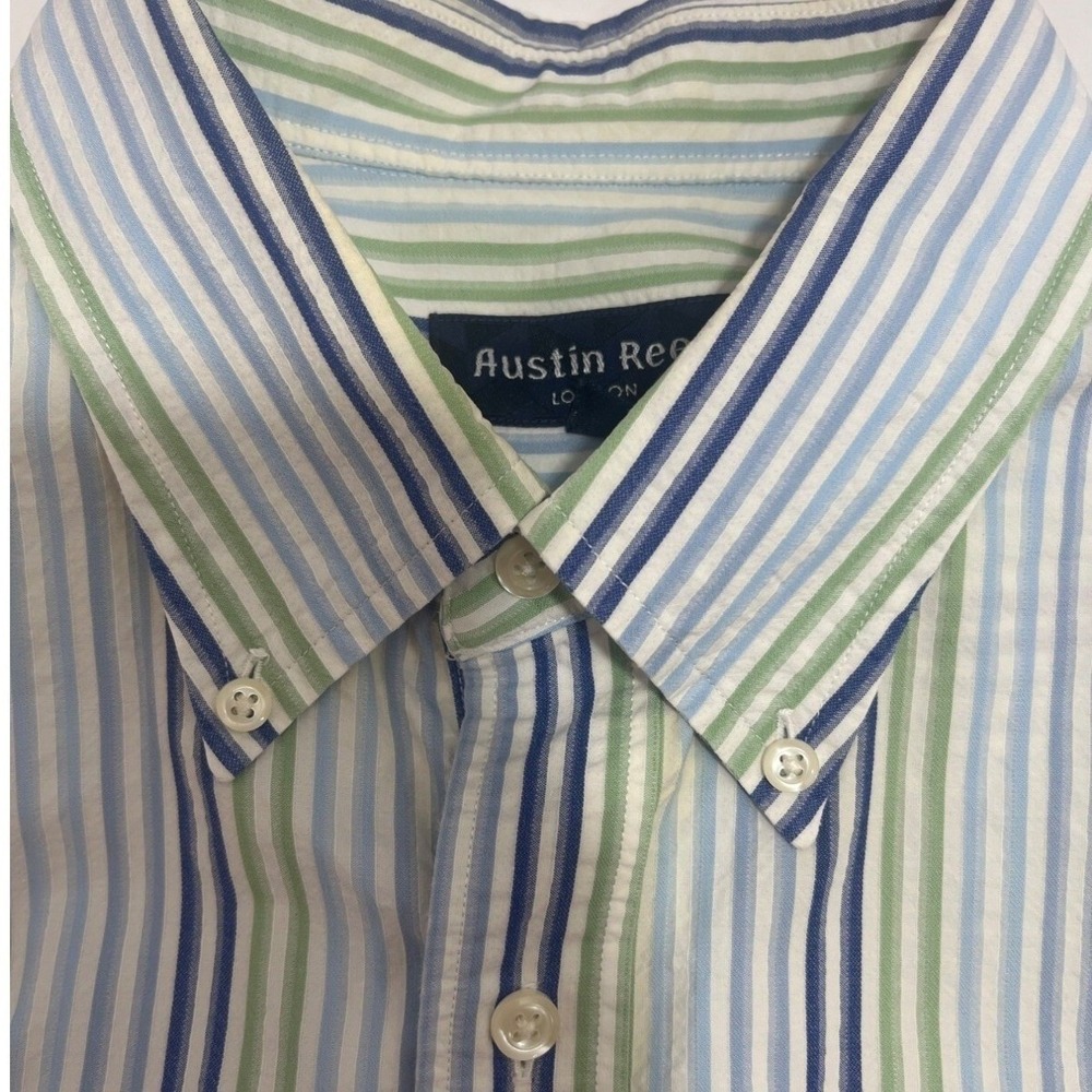 Austin Reed Seersucker Blue Green Striped Short Sleeve Preppy Summer Shirt Large - Picture 3 of 4
